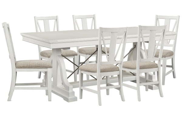 Heron Cove - Extendable Trestle Dining Table With 6 Side Chairs - Chalk White And Dovetail Gray