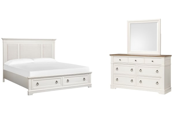 Kingston - King Upholstered Panel Storage Bed And Drawer Dresser With Landscape Mirror - Whisper White And Cerused Nutmeg