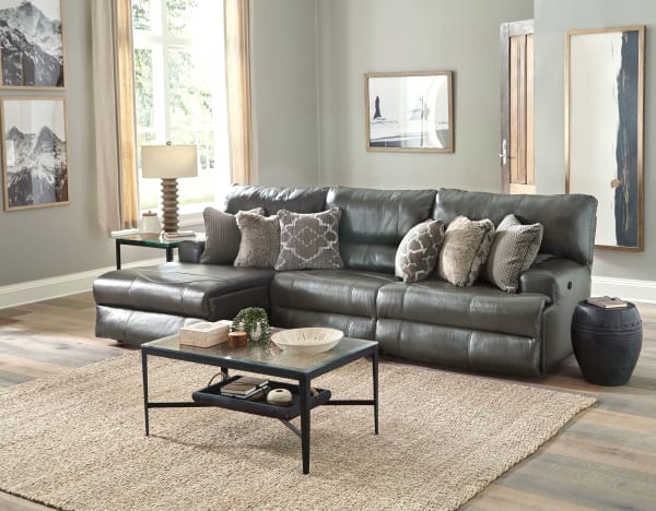 Como - 3 Piece Italian Leather Match Manual Reclining Sofa / Chaise With 1 Reclining Seat And LSF Chaise - Steel