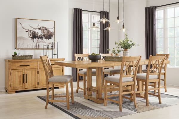 Havonplane - Brown - 7 Pc. - Counter Extension Table, 6 Upholstered Barstools
