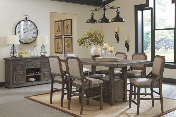 Wyndahl - Rustic Brown - 8 Pc. - Rectangular Counter Table with Storage, 6 Upholstered Barstools, Server