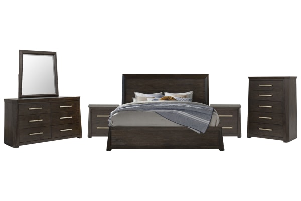 Tauren - King Panel Bed, 2 Nightstands, Double Drawer Dresser With Shaped Mirror And Drawer Chest - Coffee Bean