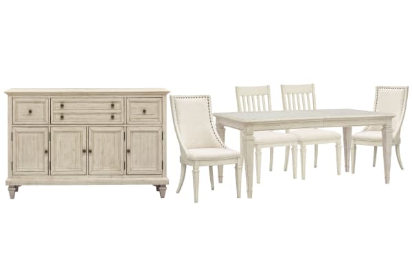 Newport - Extendable Rectangular Dining Table With 2 Side Chairs, 2 Arm Chairs And Buffet - Alabaster