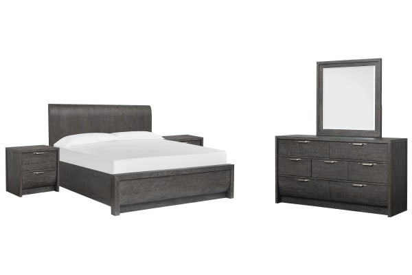 Kinsley - King Panel Bed, 2 Nightstands And Drawer Dresser With Portrait Mirror - Black Heron