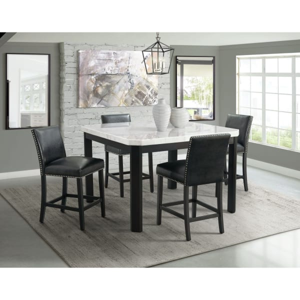 Francesca - 5 Piece Counter Height Dining Set, Table & Four Faux Leather Chairs - White Marble / Black