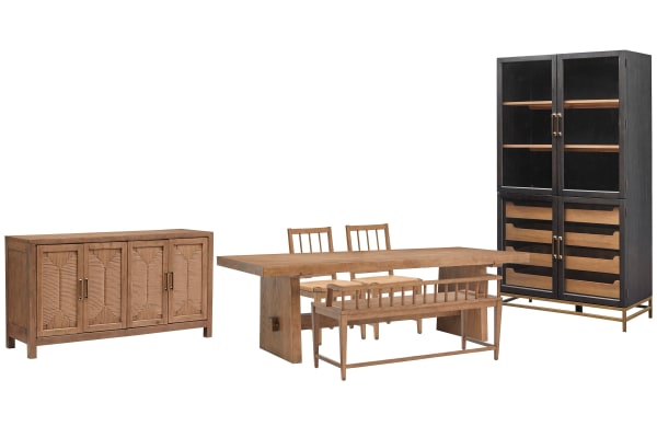 Lindon - Trestle Dining Table With 2 Paper Cord Side Chairs, Arm Bench, Buffet And Cabinet - Belgian Wheat