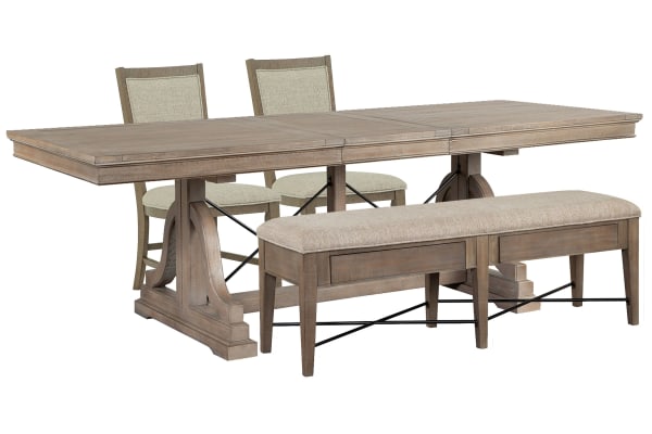 Paxton Place - Extendable Trestle Dining Table With 2 Step Upholstered Side Chairs And Upholstered Bench - Dovetail Gray