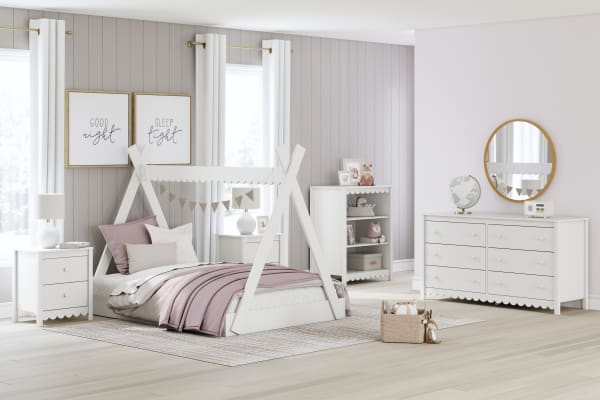 Hallityn - 5 Pc. - Bookcase, Dresser, Full Tent Complete Bed, 2 Nightstands - White