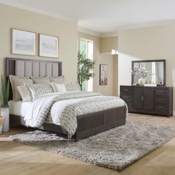 Modern Edge - 3 Piece Bedroom Set (Queen Upholstered Bed, Dresser & Mirror) - Brown