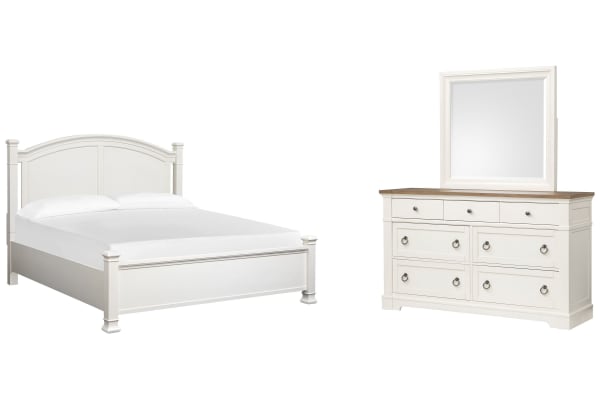 Kingston - King Panel Bed And Drawer Dresser With Landscape Mirror - Whisper White And Cerused Nutmeg