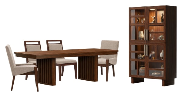 Reena - Extendable Trestle Dining Table With 2 Side Chairs, 2 Host Chairs And Display Cabinet - Rich Brown / Beige
