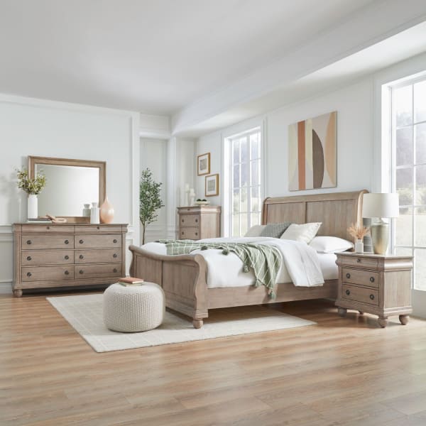 Rustic Traditions - 5 Piece Bedroom Set (King Sleigh Bed, Dresser & Mirror, Chest, Night Stand) - Brown