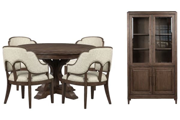 Jubilee - 54" Round Dining Table With 4 Arm Chairs And Display Cabinet - Brown / White