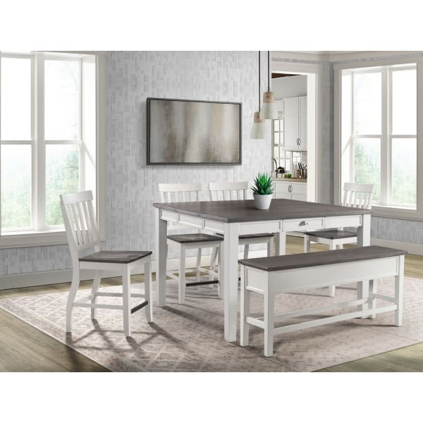 Kayla - Two Tone 6 Piece Counter Height Dining Set, Table, Four Chairs & Bench - Gray / White