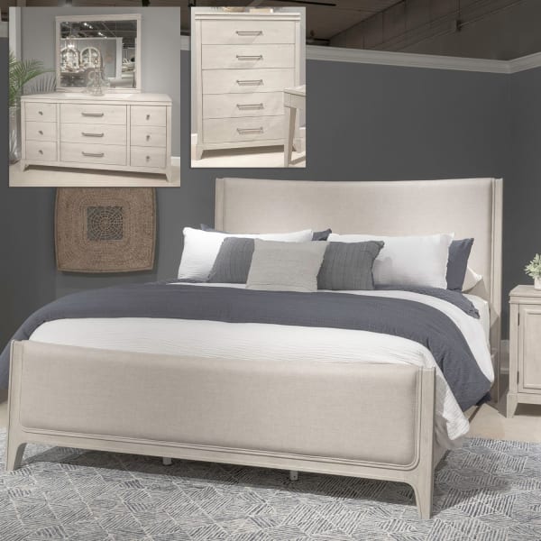 New Haven - 4 Piece Bedroom Set (King Upholstered Bed, Dresser & Mirror, Chest) - White