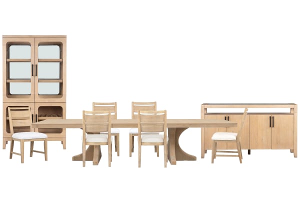 Somerset - Extendable Trestle Dining Table With 6 Side Chairs, Sideboard And Curio - Butternut / White