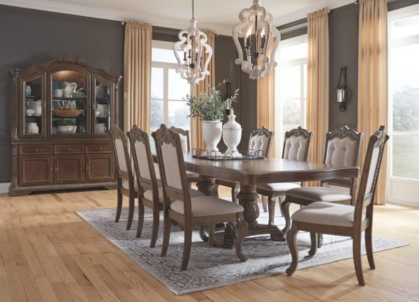 Charmond - Brown - 10 Pc. - Rectangular Dining Room Extension Table, 8 Upholstered Side Chairs