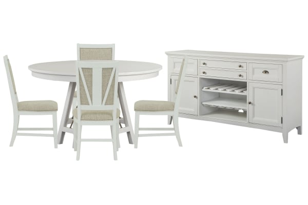 Heron Cove - 52" Round Dining Table With 4 Upholstered Side Chairs And Buffet - Chalk White And Dovetail Gray