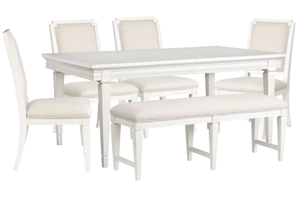 Willowbrook - Extendable Rectangular Dining Table With 4 Upholstered Side Chairs And Upholstered Bench - Egg Shell White
