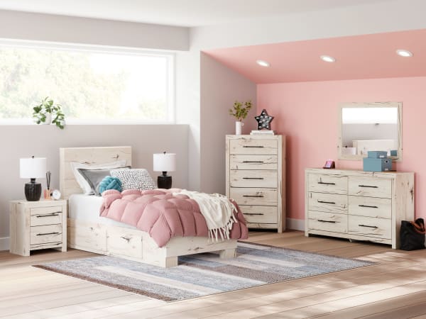 Lawroy - Light Natural - 7 Pc. - Dresser, Mirror, Twin Panel Bed With 2 Under Bed Storage Units