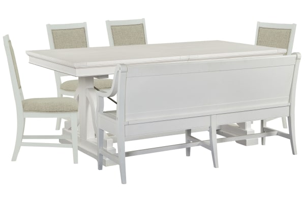 Heron Cove - Extendable Trestle Dining Table With 4 Upholstered Side Chairs And Bench - Chalk White And Dovetail Gray