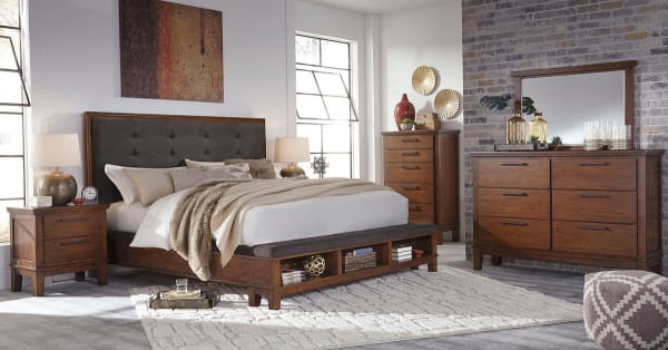 Ralene - Medium Brown - 7 Pc. - Dresser, Mirror, King Upholstered Panel Bed, 2 Nightstands