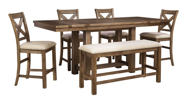 Moriville - Dark Gray - 6 Pc. - Counter Extension Table, 4 Barstools, Bench