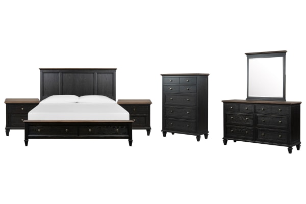Surrey - King Panel Storage Bed, 2 Nightstands, Drawer Dresser With Portrait Mirror And Drawer Chest - Brown