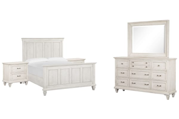 Newport - King Panel Bed, 2 Nightstands And Drawer Dresser With Landscape Mirror - Alabaster