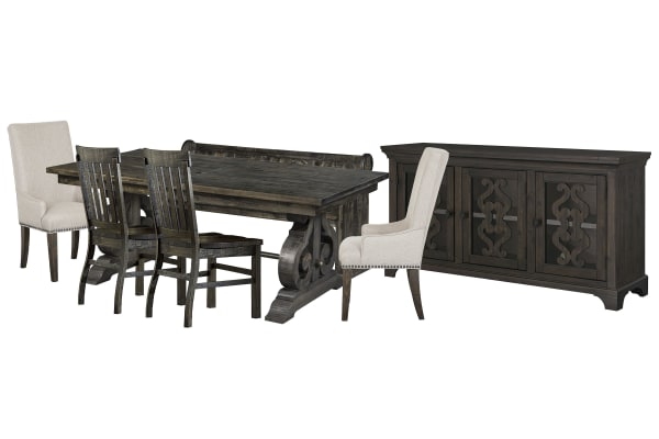 Bellamy - Extendable Rectangular Dining Table With 2 Side Chairs, 2 Host Chairs, Bench And Server - Peppercorn / Beige