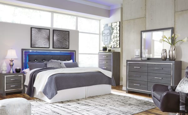 Lodanna - Gray - 5 Pc. - Dresser, Mirror, Chest, King Upholstered Panel Headboard With Bolt On Bed Frame
