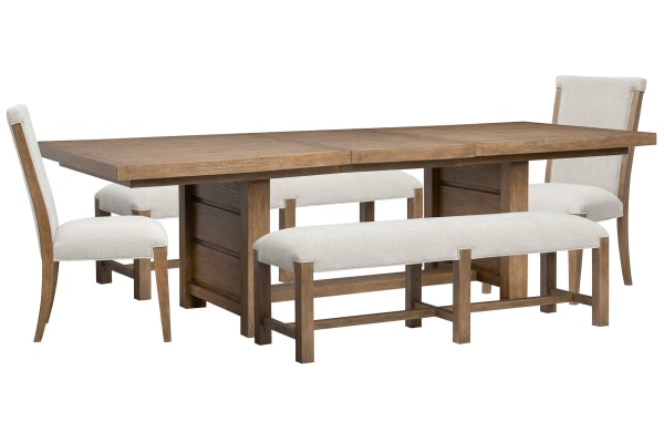 Plum Creek - Trestle Dining Table With 2 Benches And 2 Upholstered Side Chairs - Sierra Brown