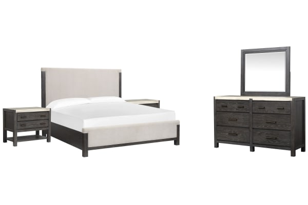 Plum Creek - King Upholstered Panel Bed, 2 Open Nightstands And Drawer Dresser With Landscape Mirror - Ravenwood Black / White