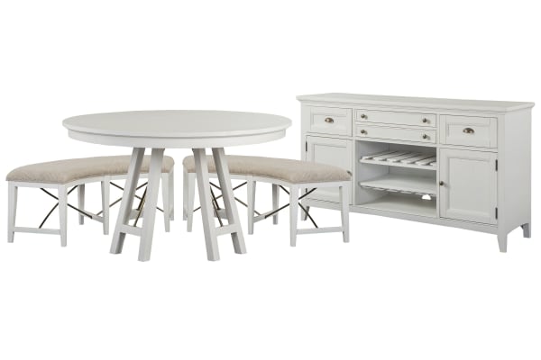 Heron Cove - 52" Round Dining Table With 2 Curved Benches And Buffet - Chalk White And Dovetail Gray