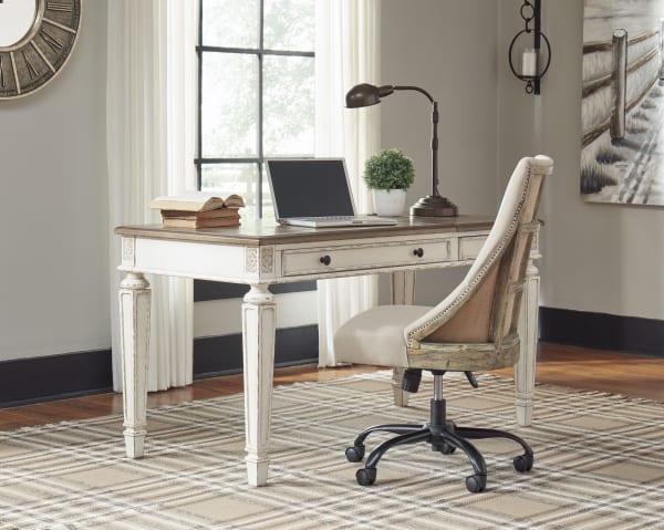 Realyn - White/Brown - 2 Pc. - Home Office Lift Top Desk, Swivel Desk Chair