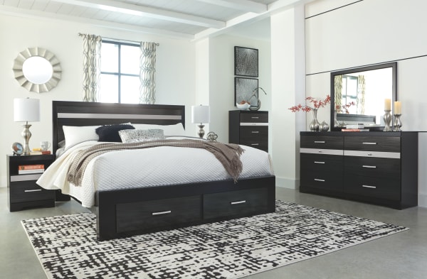Starberry - Black - 8 Pc. - Dresser, Mirror, King Panel Bed with 2 Storage Drawers, 2 Nightstands