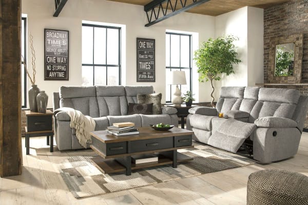 Mitchiner - Fog - 5 Pc. - Reclining Sofa with Drop Down Table, Double Reclining Loveseat with Console, Stanah Lift Top Cocktail Table, End Table, Chair Side End Table