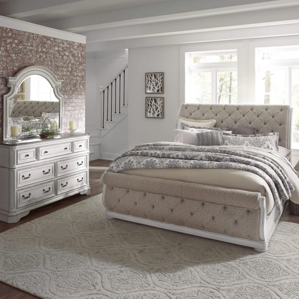 Magnolia Manor - 3 Piece Bedroom Set (Queen Upholstered Sleigh Bed, Dresser & Mirror) - White