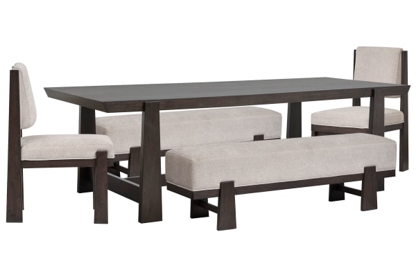 Tauren - Trestle Dining Table With 2 Benches And 2 Upholstered Side Chairs - Coffee Bean / Beige
