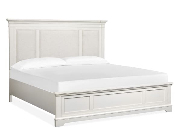 Kingston - Complete California King Panel Bed With Upholstered Headboard - Whisper White And Cerused Nutmeg