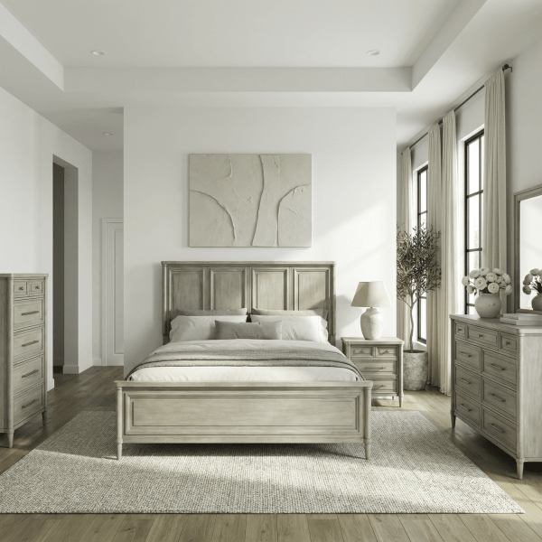 Rochelle Park - 5 Piece Bedroom Set (Queen Panel Bed, Dresser & Mirror, Chest, Night Stand) - Smokey Taupe