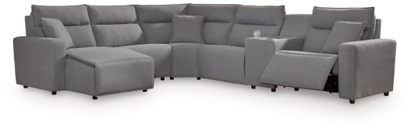 Modmax II - 6-Piece Power Reclining Sectional With LAF Press Back Power Chaise And Console - Salt And Pepper