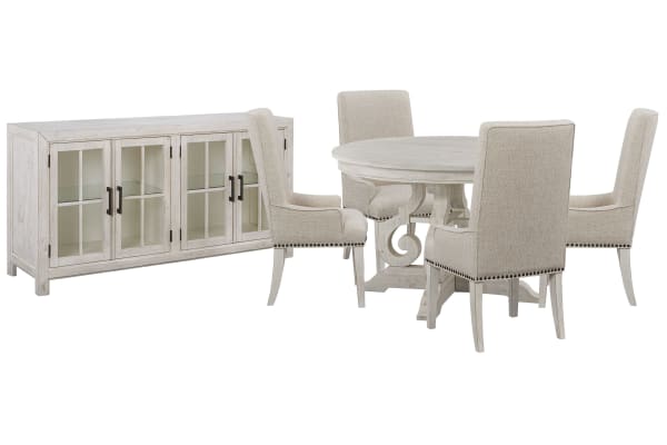 Bronwyn - 48" Round Dining Table With 4 Host Chairs And Buffet - Alabaster