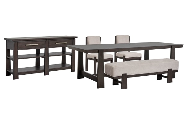 Tauren - Trestle Dining Table With 2 Upholstered Side Chairs, Bench And Sideboard - Coffee Bean / Beige