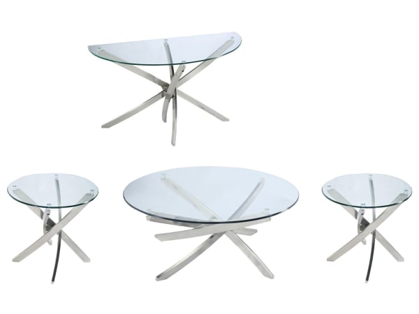 Zila - Round Cocktail Table With 2 End Tables And Demilune Sofa Table - Brushed Nickel