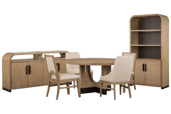 Tristan - 60" Round Dining Table With 2 Side Chairs, 2 Arm Chairs, Sideboard And Dining Cabinet - Swiss Coffee / Beige