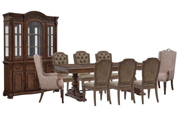 Durango - Extendable Trestle Dining Table With 6 Upholstered Side Chairs, 2 Host Chairs, Buffet And Hutch - Willadeene Brown / Gray