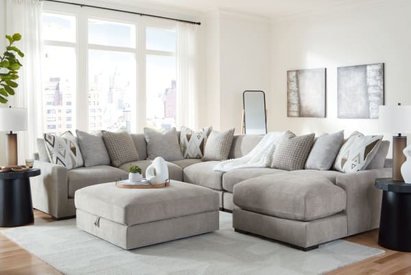 Aslan Court - Pebble - 7 Pc. - 6-Piece Sectional With Raf Corner Chaise, Ottoman