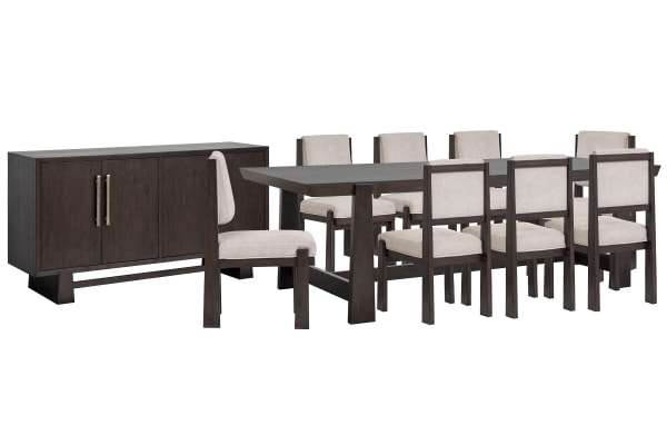 Tauren - Trestle Dining Table With 8 Upholstered Side Chairs And Buffet - Coffee Bean / Beige