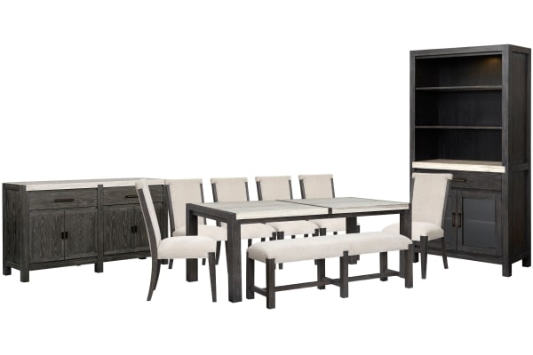 Plum Creek - Rectangular Dining Table With 6 Upholstered Side Chairs, Bench, Sideboard And Display Cabinet - Ravenwood Black / White